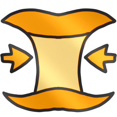 a shiny gold-toned shape of an apple core with a small arrow pointing to it from either side..